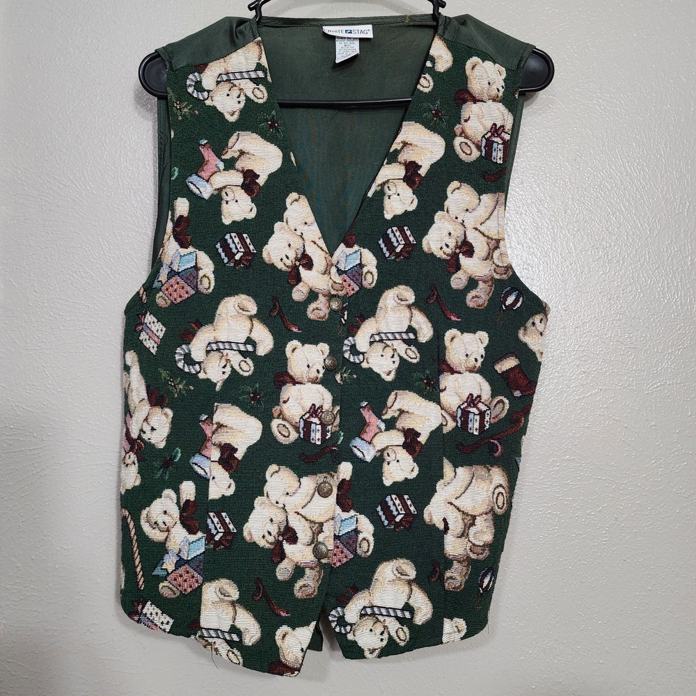 Teddy Bear Vest White Stag Size Large Vintage Christmas Dark Green With Buttons